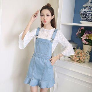 Set: Cutout 3/4-sleeve Top + Denim Jumper Skirt