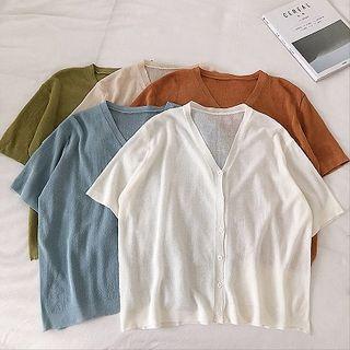 Plain Single-breasted V-neck Knit Short-sleeve Top