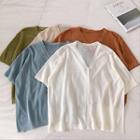 Plain Single-breasted V-neck Knit Short-sleeve Top