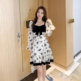Long-sleeve Bow Accent Floral Mini A-line Dress