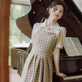 Set: Plaid Midi Overall Dress + Short-sleeve Shrug