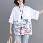 Elbow-sleeve Comic Printed T-shirt White - One Size
