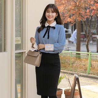 Wide-cuff Velvet-trim Blouse With Tie