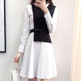 Mock Two Piece Pinstriped Long Sleeve Dress