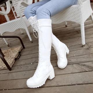 Block Heel Lace-up Long Boots