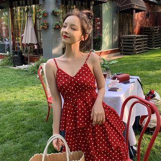 Dotted Strappy Tiered Midi Chiffon Dress
