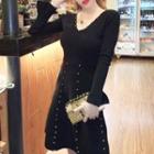 Bead V-neck A-line Knit Dress Black - One Size