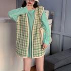 Long-sleeve Plain T-shirt / Open Front Tweed Vest