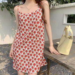 Spaghetti Strap Floral Mini A-line Dress Red & Green & White - One Size