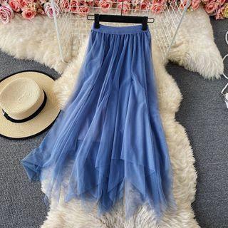 Asymmetric-hem Mesh Tiered Skirt