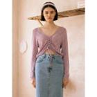 Drawstring Perforated Knit Crop Top Lavender - One Size