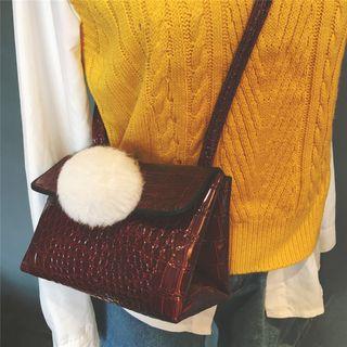 Pompom Faux Patent Leather Crossbody Bag