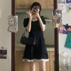 Puff-sleeve Lace Trim A-line Dress Black - One Size