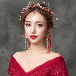 Set: Wedding Branches Headband + Fringed Earring Set Of 3 - Headband & 1 Pair - Clip On Earring - Red - One Size