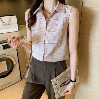 Sleeveless Plaid Collared Top