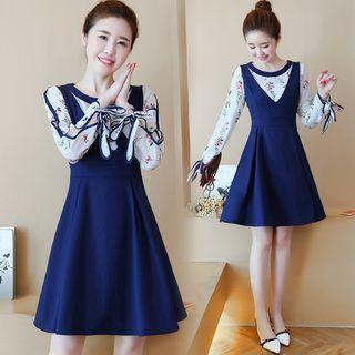 Floral Print Long-sleeve Mock Two-piece Dress