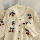 Cherry-accent Loose Cardigan Almond - One Size