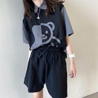 Short-sleeve Bear Print Panel Shirt As Shown In Figure - One Size