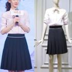 Set: Bow-accent Shirt + Pleated Skirt