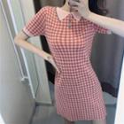 Short-sleeve Collar Gingham Knit Mini A-line Dress
