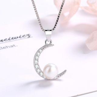 925 Silver Faux-pearl Rhinestone Moon Pendant Pendant - One Size