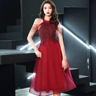 Cold-shoulder Beaded A-line Cocktail Dress