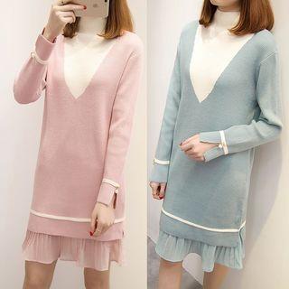 Set: Long-sleeve Mock Neck Mini Knit Dress + Slipdress