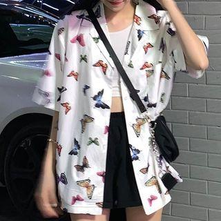 Butterfly Print Elbow-sleeve Shirt As Shown In Figure - One Size