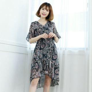 Petite Size - Bell-sleeve Paisley Chiffon Dress