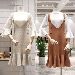 Set: Flared 3/4-sleeve Top + Knit Pinafore Dress