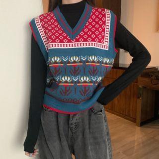 Jacquard Knit Vest / Long-sleeve Mock Neck T-shirt