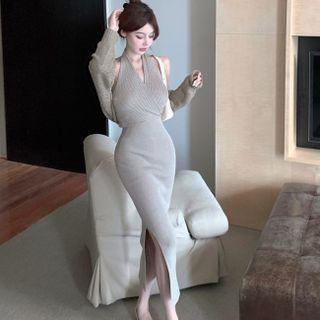 Halter Open-back Maxi Sheath Tank Dress / Cardigan Shrug
