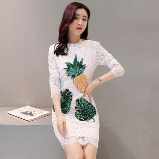 Long-sleeve Sequined Lace A-line Dress