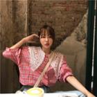 Lace-collar Checked Blouse Pink - One Size