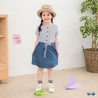 Drawstring Striped Denim-panel Dress