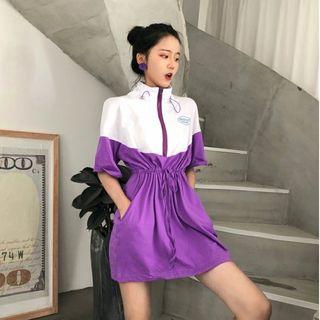 Color-block Elbow-sleeve Zip A-line Dress