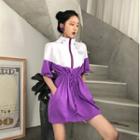 Color-block Elbow-sleeve Zip A-line Dress