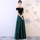 Two-tone Off-shoulder Short-sleeve Evening Gown