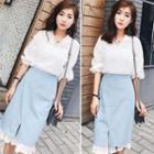 Set: Embroidered Elbow-sleeve Blouse + Layered Denim Skirt
