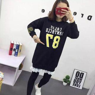 Lace Hem Lettering Long Pullover