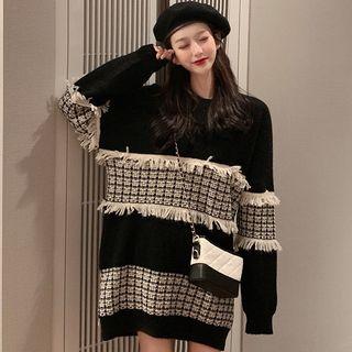 Tweed Panel Long-sleeve Knit Dress