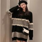 Tweed Panel Long-sleeve Knit Dress