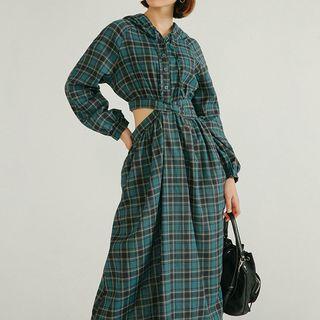 Hooded Plaid Cut Out Midi A-line Dress