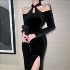 Long-sleeve Cold-shoulder Velvet Plain Slim-fit Dress