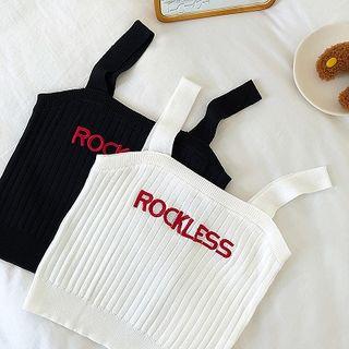 Lettering Embroidered Slim-fit Knit Strap Top