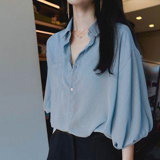 Elbow-sleeve Plain Button-up Shirt