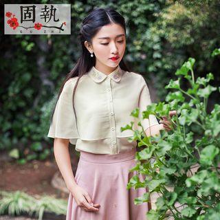 Cape-shoulder Embroidered-collar Blouse