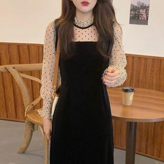 Semi High-neck Dotted Mesh Panel Dress Black - One Size