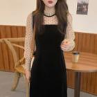 Semi High-neck Dotted Mesh Panel Dress Black - One Size