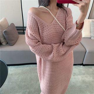 Pointelle Long-sleeve Midi Knit Dress